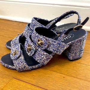 Chanel slingback tweed sandals with turnlock CC 38.5